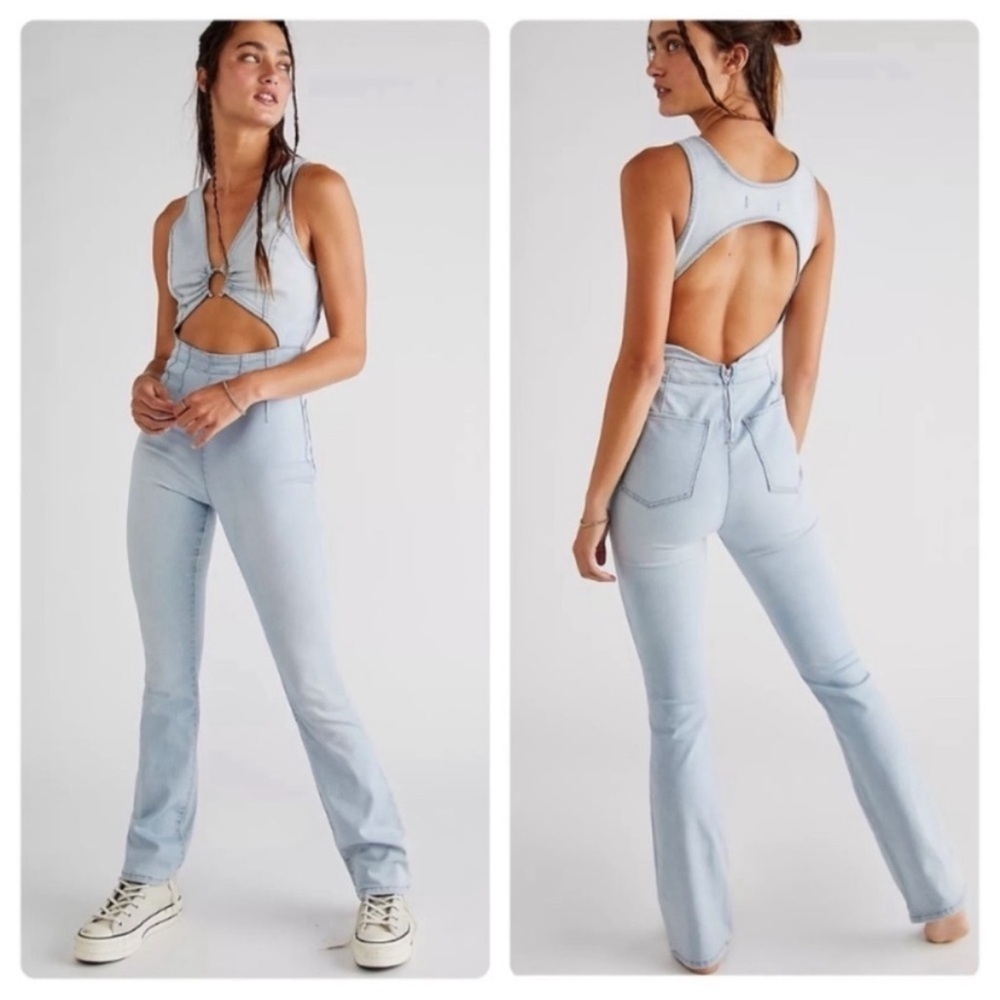 Free People Ultraviolet Denim Flare Jumpsuit Light Blue Small